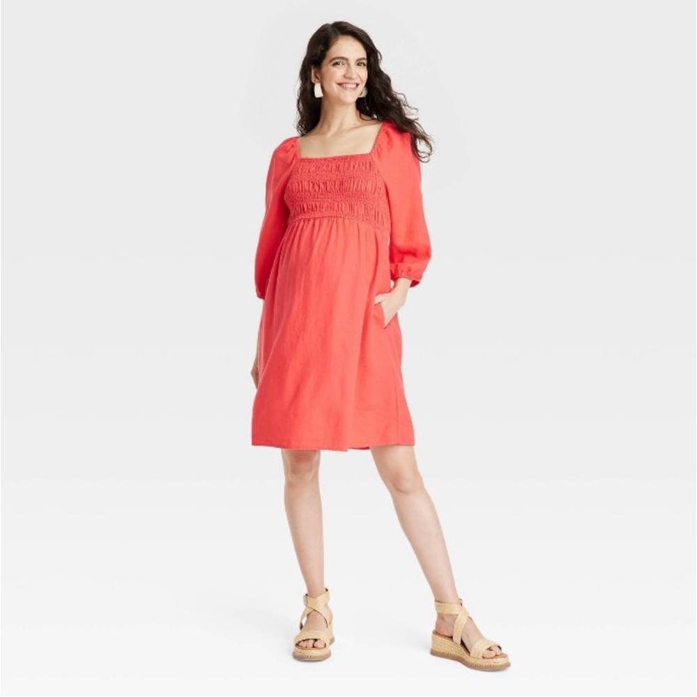 MATERNITY Puff Elbow Sleeve Smocked Linen Mini Dress Isabel Maternity C… - Picture 4 of 6